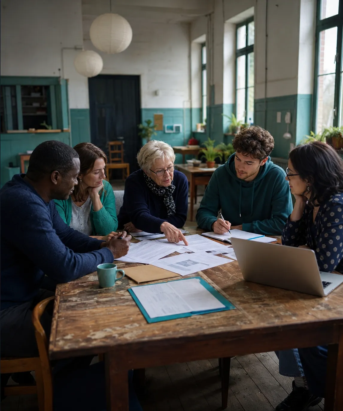 Membres bénévoles d'une association réunis autour d'une table pour structurer leur gouvernance associative